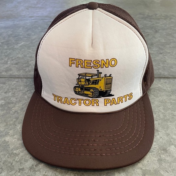 Vintage Fresno Tractor Parts Snapback Trucker Hat Brown Yellow Retro Farmer - Picture 1 of 9